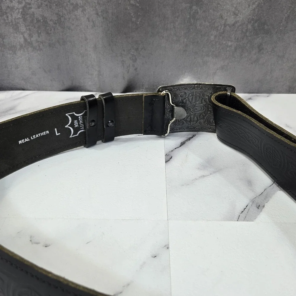 Celtic Knot Embossed Leather Belt Mens Large Black Silver Buckle Western